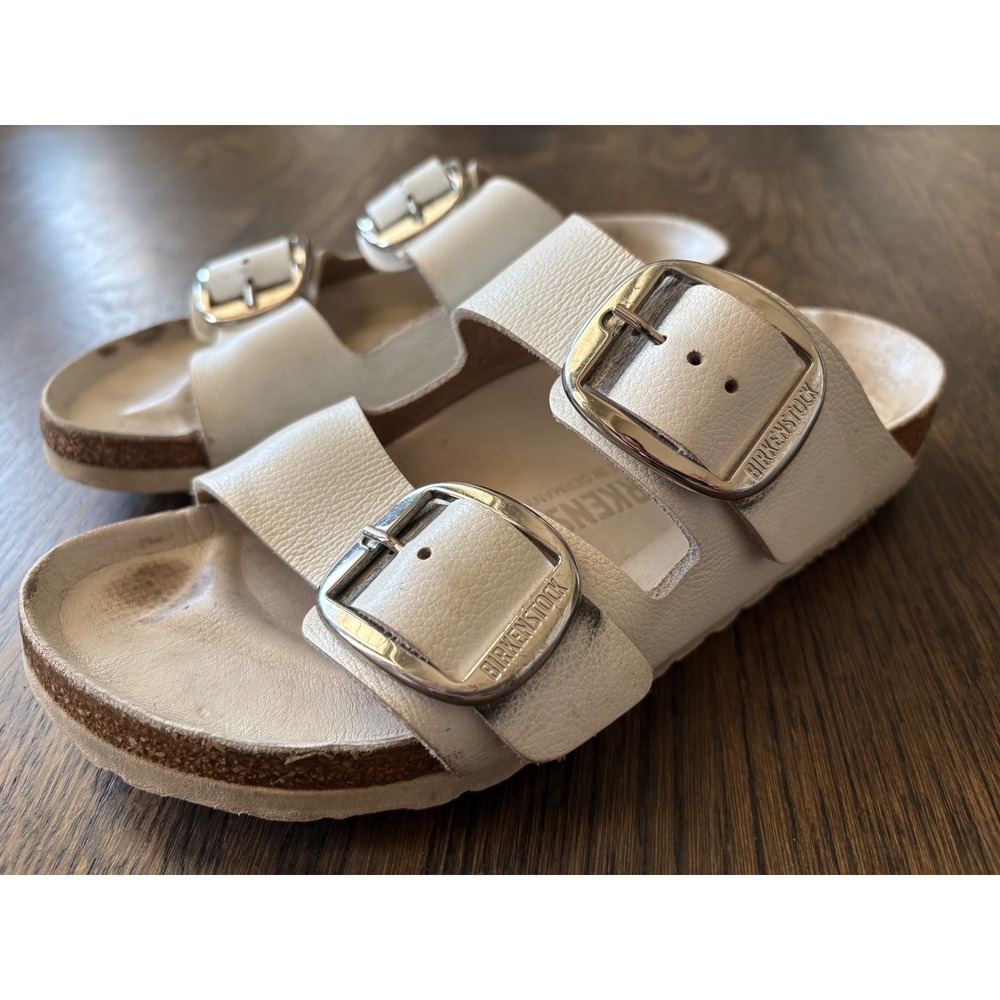 Birkenstock White Triple-Buckle Sandals with Silver Buckles